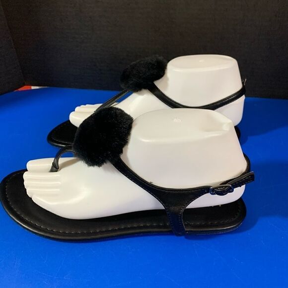 Liliana Black Faux Fur Pom Sandals - Picture 3 of 7